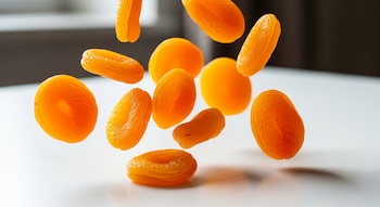 Múltiples chabacanos deshidratados de color naranja intenso y textura arrugada caen sobre una mesa blanca, iluminados por luz natural.