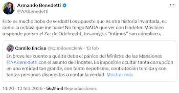 En esta publicación, Benedetti calificó a Enciso de “bobo” y lo señaló como el supuesto “zar de Odebrecht”. - crédito @AABenedetti/X