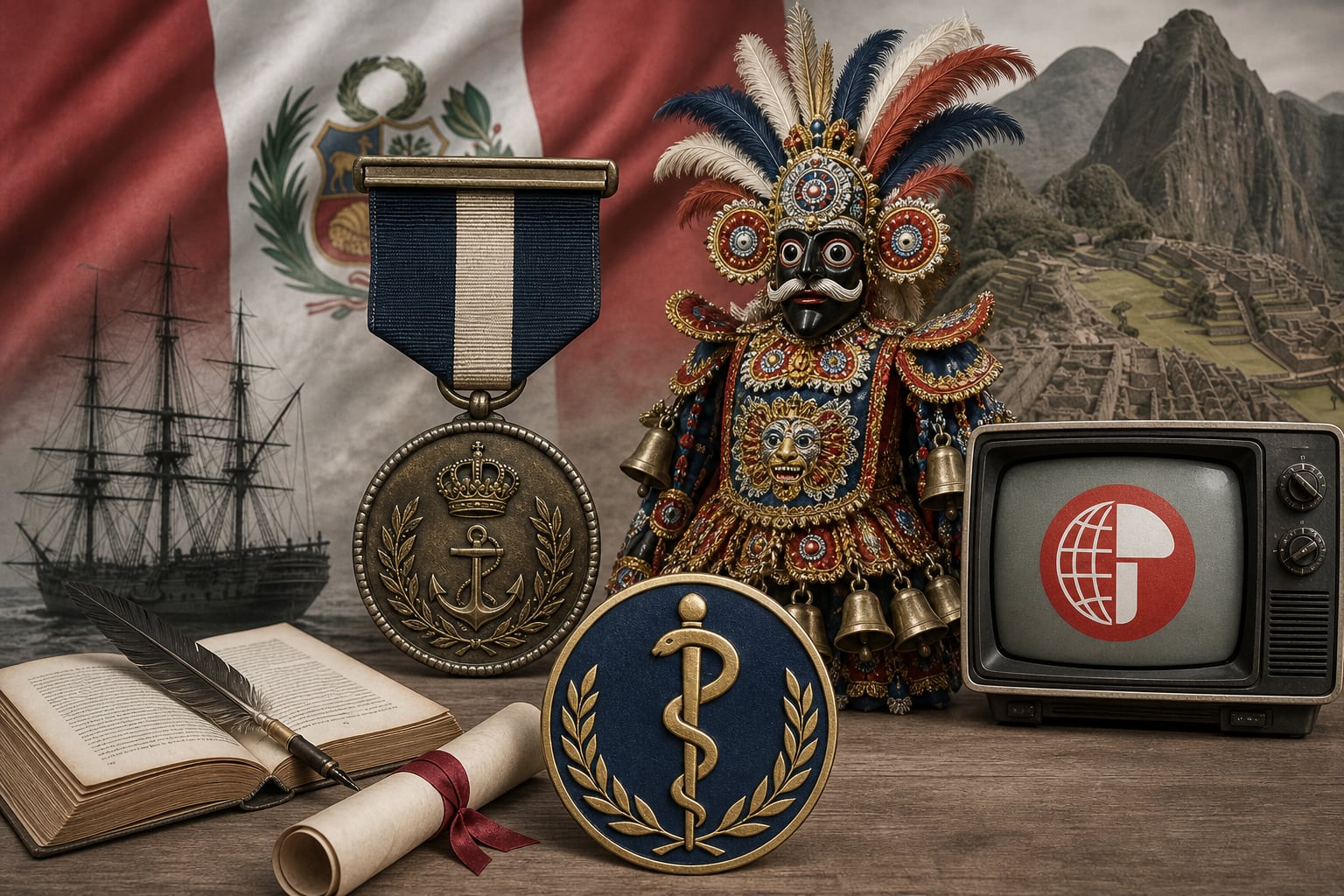 Diversos objetos representativos de las instituciones, la cultura y la historia del Perú reposan sobre una mesa de madera frente a la bandera nacional. (Imagen Ilustrativa Infobae)