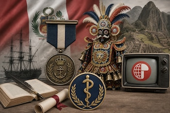 Una medalla naval, una figura tradicional, un emblema médico, un televisor, un libro y un diploma reposan sobre una mesa frente a una bandera.
