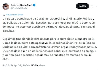La titular de Interior dijo que espera un procedimiento rápido, aunque subrayó que el avance dependerá de las instituciones colombianas que deben ejecutar las etapas formales para concretar la entrega - crédito captura de pantalla @GabrielBoric / X