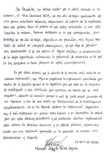 Carta de Manuel Roberto Farías a Sheinbaum