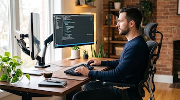 Un hombre sentado en una silla ergonómica escribe en un teclado frente a dos monitores de computadora sobre un escritorio de madera.