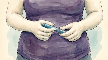 Ilustración de una mujer con sobrepeso, vestida con una camiseta morada oscura, sosteniendo un aplicador de inyección de color azul con ambas manos.