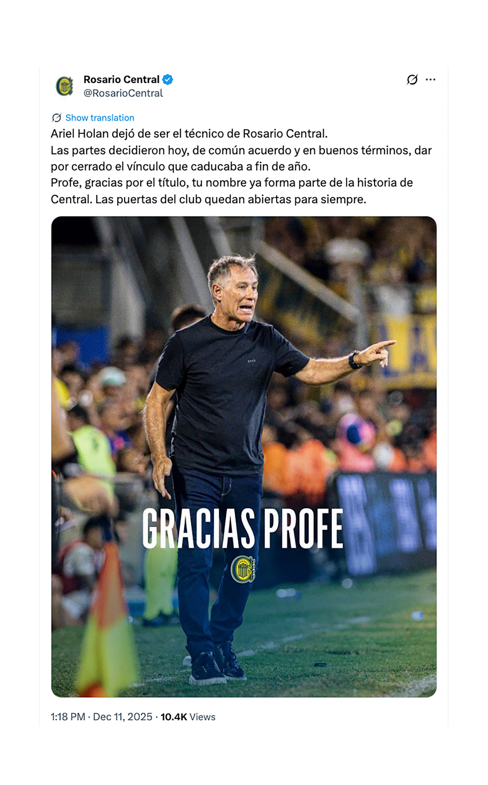 El comunicado de Rosario Central para anunciar la salida de Ariel Holan