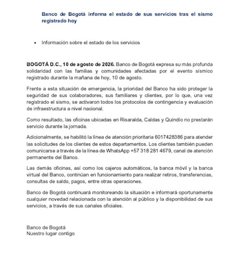 El Banco de Bogotá informó que las oficinas ubicadas en Risaralda, Caldas y Quindío no prestarán servicio durante la jornada - crédito Banco de Bogotá