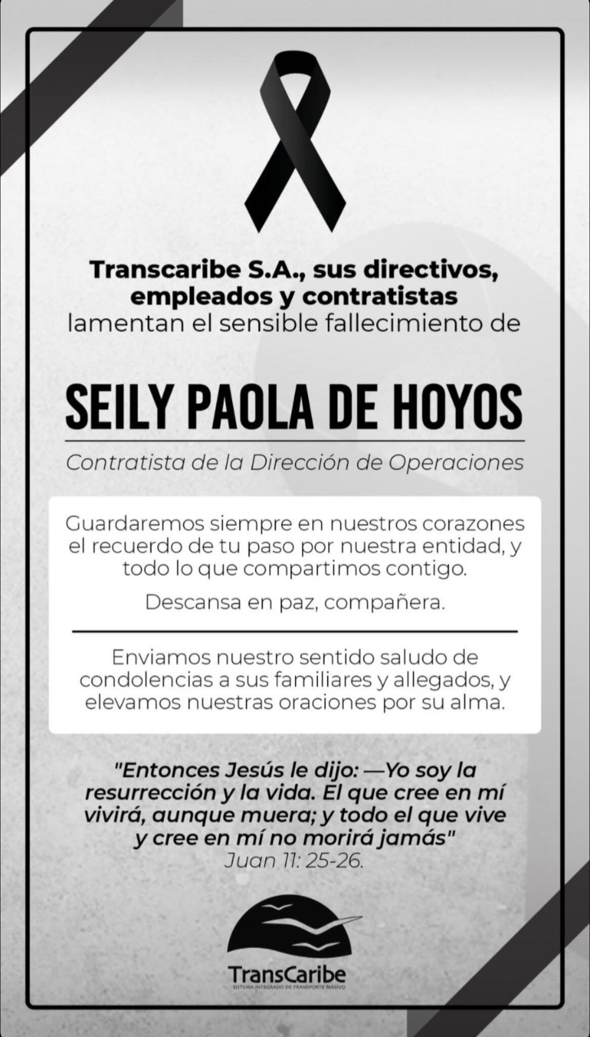 La joven era contratista de TransCaribe S.A. - crédito TRANSCARIBE S.A. / Facebook