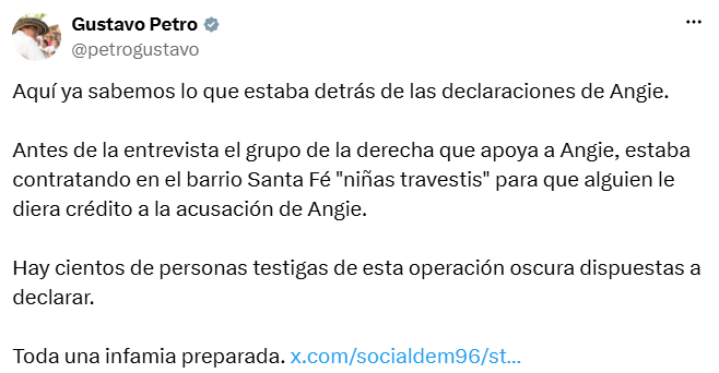 El presidente se refirió a la denuncia y aseguró que los presuntos ofrecimientos de dinero estarían relacionados con las declaraciones de Angie Rodríguez. - crédito @petrogustavo/X