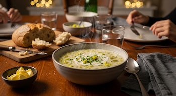 Primer plano de un tazón de sopa de puerro y papa humeante con crema y cebollino, acompañado de pan, mantequilla y bebidas en una mesa de madera.