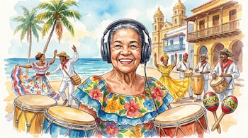 Ilustración acuarela de Totó la Momposina con auriculares, sonriendo. Alrededor, bailarines y músicos con tamboras y maracas, palmeras y edificios coloniales caribeños.