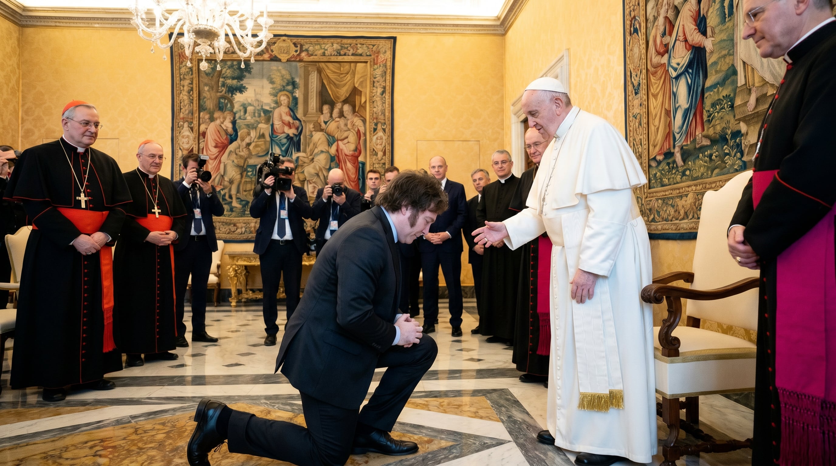 El presidente Javier Milei se arrodilla en señal de respeto frente al Papa Francisco (Imagen Ilustrativa Infobae generada con IA)