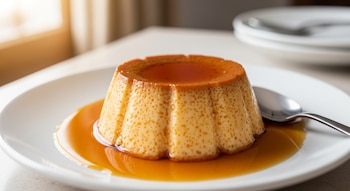 Un flan de yogur de color beige con una capa de caramelo brillante encima y alrededor, servido en un plato blanco con una cuchara plateada a su lado.