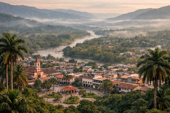 Vista aérea de una ciudad con un río serpenteante, montañas brumosas, palmeras, una iglesia, una plaza central y casas bajo un cielo claro al amanecer.