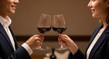 Dos personas de pie, sonriendo y frente a frente, sostienen copas de vino tinto en un brindis. Ambos visten ropa elegante en un ambiente con iluminación suave.