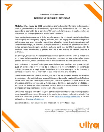 La aerolínea anunció la suspensión