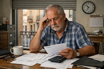 Hombre de edad avanzada con barba y camisa a cuadros sentado en una mesa de madera. Revisa papeles con calculadora, gafas y una taza. Ventana y reloj al fondo.