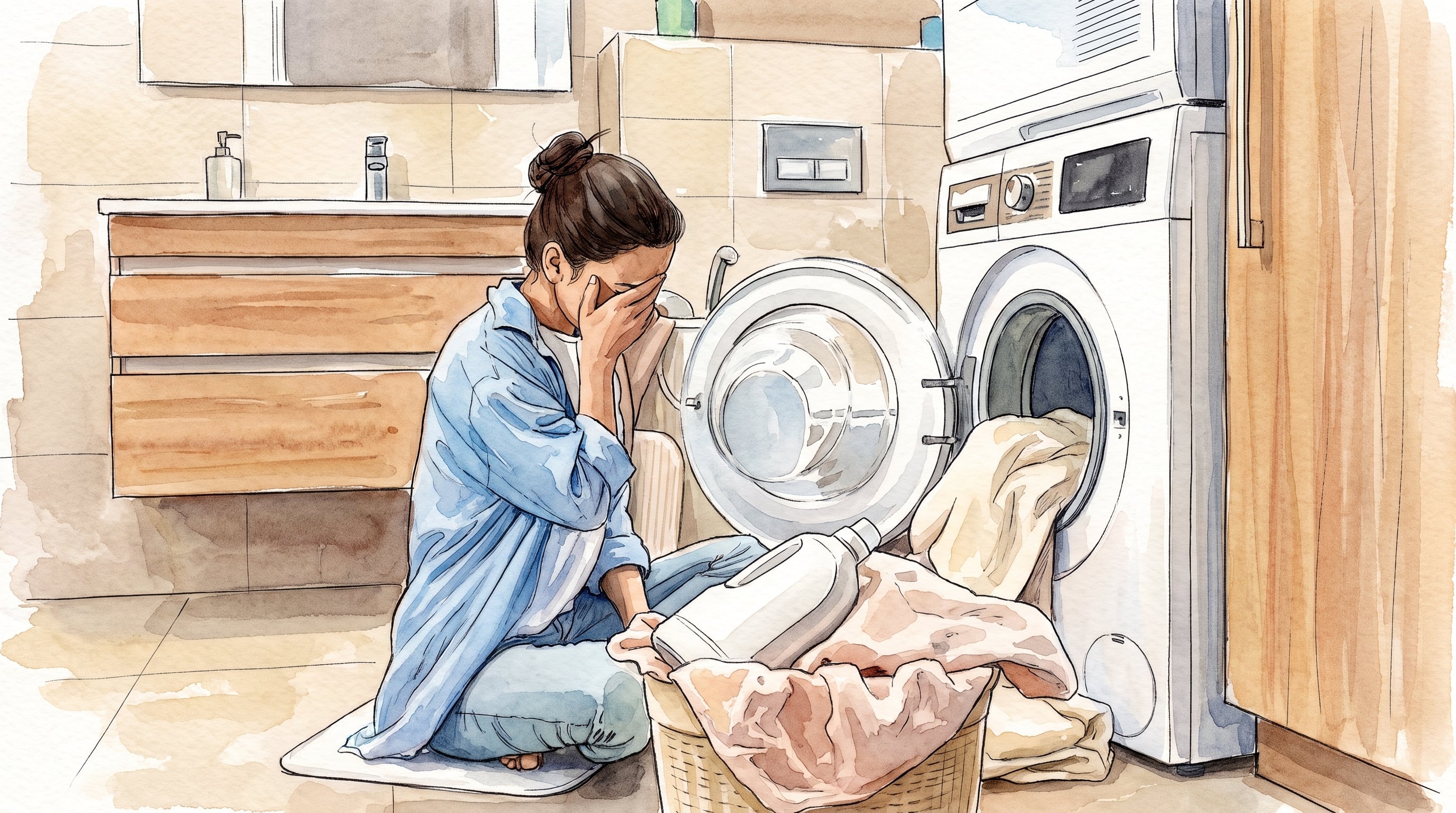 Una mujer sentada en el suelo de un cuarto de lavado cubre su rostro con las manos, al lado de una lavadora abierta y una canasta con ropa. (Imagen Ilustrativa Infobae)