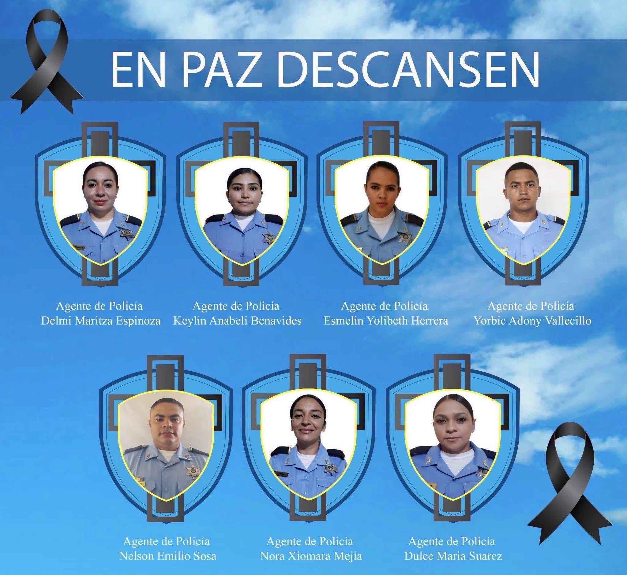 Las autoridades confirmaron la identidad de los siete agentes de la Policía Nacional que perdieron la vida en el accidente de tránsito ocurrido en la cuesta de El Rodeo, Comayagua. (FOTO: Policía Nacional)