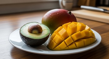 Abacate fatiado com caroço, manga inteira e meia manga fatiada em prato branco, sentado em mesa de madeira na cozinha.