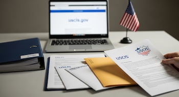 Mano sostiene documento con logo USCIS. Escritorio con formularios migratorios, laptop mostrando uscis.gov borroso y bandera de EE.UU. desenfocada.