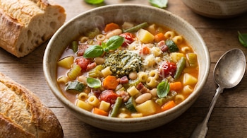 Primer plano de un tazón de sopa minestrone humeante con zanahorias, papas, apio, calabacín, tomates, porotos, pasta y pesto. Pan y cuchara al lado.