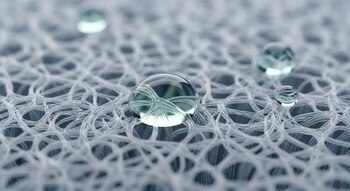 Primer plano de una membrana de nanofibras poliméricas blancas entrelazadas con varias gotas de agua claras sobre su superficie que reflejan colores azul y verde.