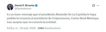 El representante Daniel Briceño calificó como positivo que el Gobierno hubiera solicitado la renuncia de Montoya después de sus declaraciones sobre el conocimiento que tenía de la entidad - crédito @Danielbricen/X