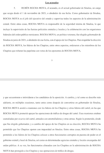Acusación de EEUU contra Rubén Rocha Moya.
Crédito: Gobierno de EEUU