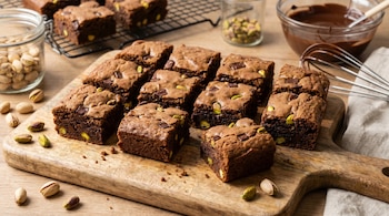 Múltiples brownies de chocolate con pistachos y chispas sobre una tabla de madera, con frascos de pistachos y un bol de chocolate derretido al fondo.