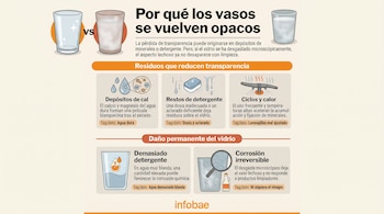 Infografía con ilustraciones de vasos de vidrio, gotas de agua con cal, detergente, aspersores de lavavajillas y una lupa sobre rayaduras.