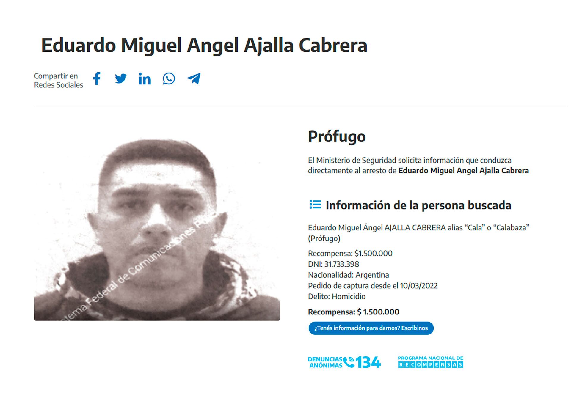 El flyer de 2023 sobre la recompensa por Eduardo Miguel Angel Ajalla Cabrera