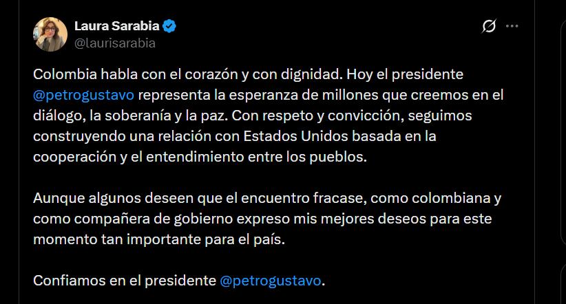 Laura Sarabia, se refirió al encuentro que tendrá el presidente Gustavo Petro y Donald Trump en la Casa Blanca - crédito @laurisarabia/X