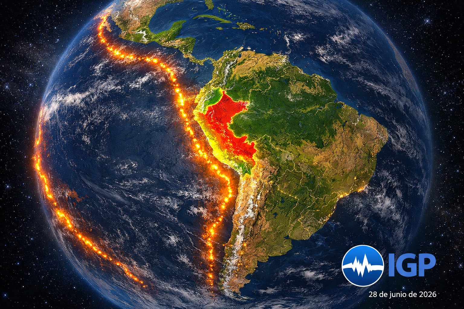 Una fotografía satelital de Sudamérica muestra a Perú resaltado en colores vivos junto a las líneas luminosas del Cinturón de Fuego del Pacífico, por el Instituto Geofísico del Perú el 28 de junio de 2026. (Imagen Ilustrativa Infobae)