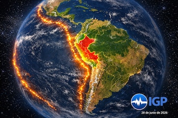Fotografía satelital de la Tierra con Sudamérica, Perú resaltado en rojo, el Cinturón de Fuego luminoso, logo del IGP y fecha 28 de junio de 2026.