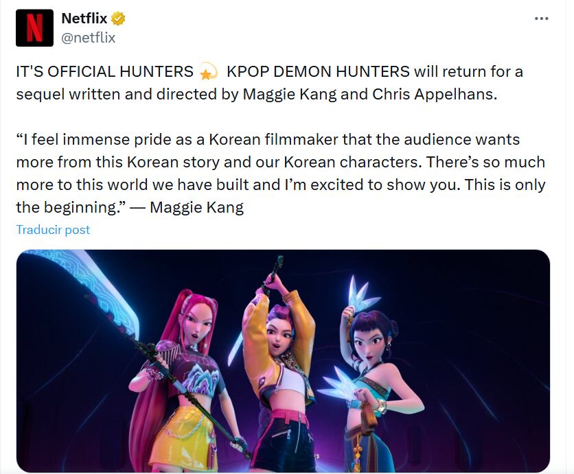 La secuela, llamada en inglés KPop Demon Hunters y en español Las guerreras K-pop 2, ya está en marcha. (X: Netflix)