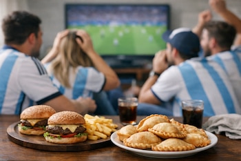 Cuatro personas con camisetas de Argentina miran un partido de fútbol en televisión. Sobre una mesa hay hamburguesas, papas fritas, empanadas y bebidas.