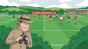 Ilustración de un hombre con gabardina y sombrero, con logo del Southampton, espiando con binoculares un campo de fútbol donde entrenan jugadores del Middlesbrough.