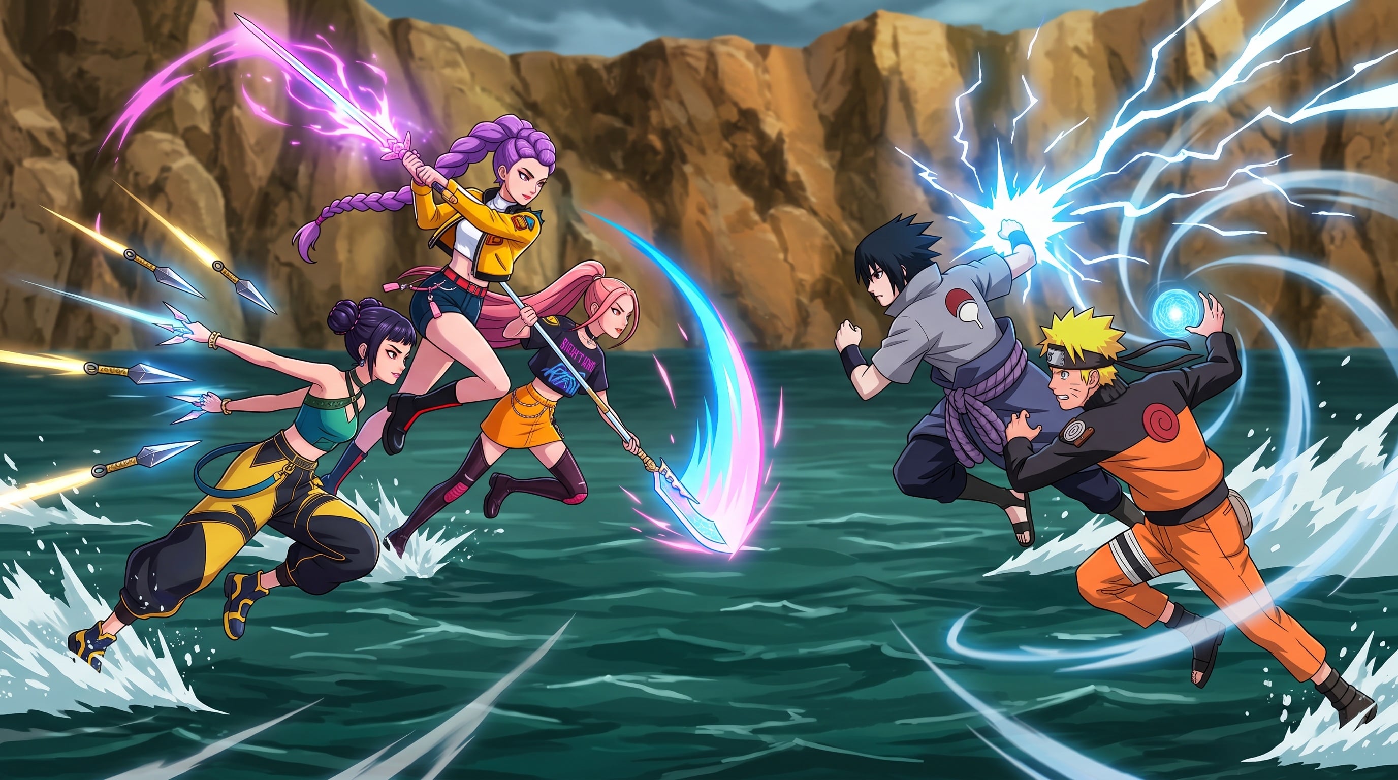 Así se ve una representación hecha con IA de Las Guerreras K-pop enfrentando a Naruto y Sasuke. (Foto: Gemini)