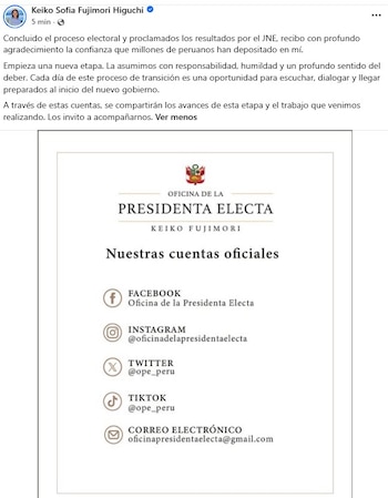 Las plataformas digitales difundirán las actividades y el trabajo del equipo de Keiko Fujimori antes de la transferencia del mando presidencial - Créditos: Keiko Sofía Fujimori Higuchi.