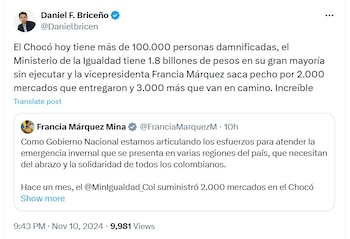 El concejal aseguró que con parte de los recursos dados al Ministerio de Igualdad se podrán brindar a las poblaciones afectadas por las lluvias - crédito @Danielbricen/X