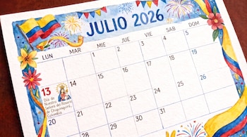 Calendario de Julio de 2026 con días de la semana, fechas, bandera de Colombia, flores, fuegos artificiales y la imagen de la Virgen de Chiquinquirá.