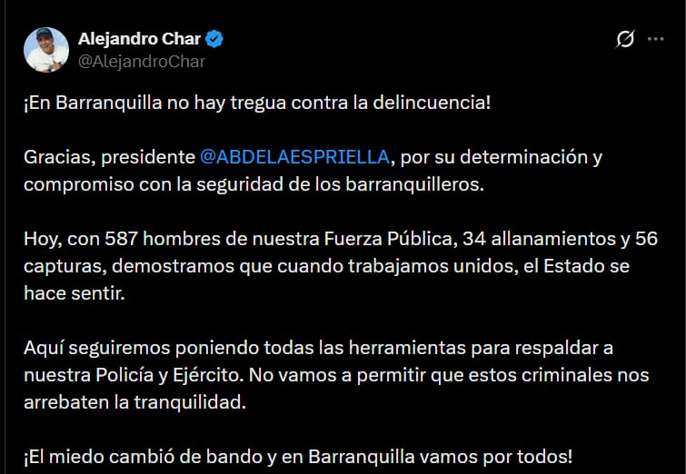 Alejandro Char agradeció al presidente Abelardo de la Espriella por el apoyo en operativo de la Policía - crédito @AlejandroChar/X