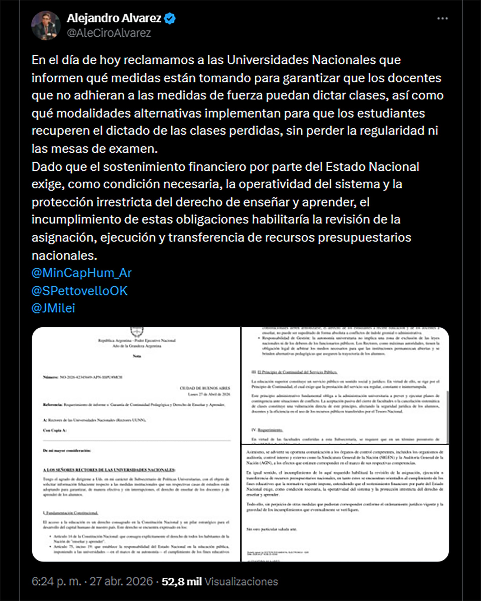 El secretario de Políticas Universitarias, Alejandro Alvarez, reclama a las universidades nacionales que informen sobre las medidas para garantizar la continuidad académica tras el paro docente de abril de 2026