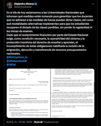Captura de pantalla de un tweet de Alejandro Alvarez en X (Twitter), con su foto de perfil, un texto largo y un documento oficial adjunto parcialmente visible