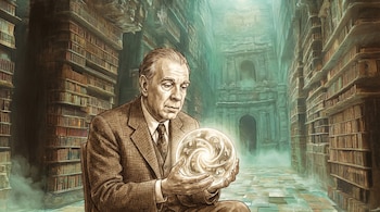 Ilustración de Jorge Luis Borges, un hombre de edad avanzada con traje, sosteniendo una esfera brillante con un diseño espiralado, en una biblioteca antigua y nebulosa.