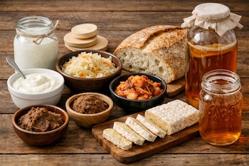 Botella de kéfir, cuenco de yogur, chucrut, kimchi, dos cuencos de miso, pan, tempeh en tabla, botella grande y jarra de kombucha sobre madera.