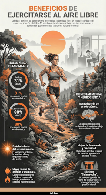 Descubre cómo solo 15 minutos en la naturaleza pueden transformar tu bienestar. Según datos de la OMS y expertos en neurociencia, entrenar al aire libre reduce el cortisol, fortalece el sistema inmune y mejora la memoria. Conoce el efecto Shinrin-yoku y optimiza tu rendimiento físico fuera del gimnasio. InfografíaIA