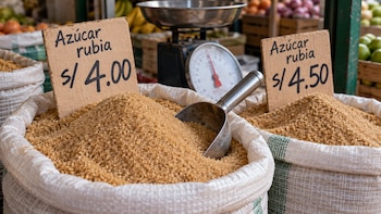 Dos sacos de azúcar rubia tienen carteles con precios de 4,00 y 4,50 soles, junto a una cuchara metálica y una balanza