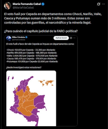 La identificación de 218 mesas en las que Iván Cepeda obtuvo el 100% de los votos alimentó las denuncias sobre posibles presiones electorales en zonas con estructuras ilegales - crédito @MariaFdaCabal/X
