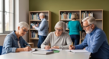 Cinco adultos mayores en una biblioteca escolar, tres sentados en una mesa escribiendo y dos de pie al fondo organizando libros en estanterías de madera.